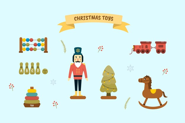 Colección de juguetes navideños planos dibujados a mano