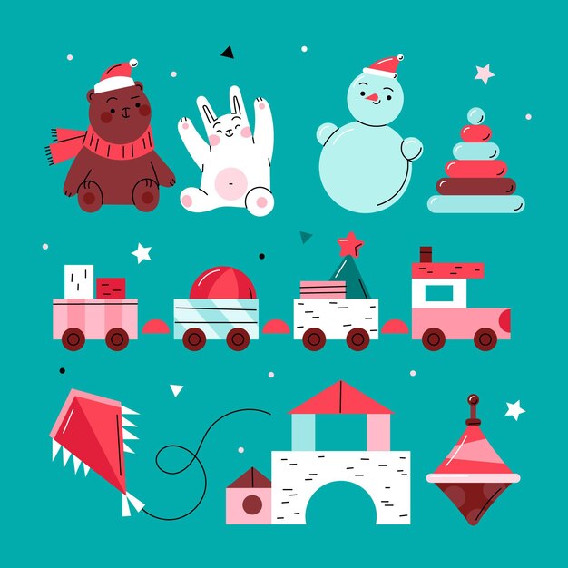 Colección de juguetes navideños planos dibujados a mano