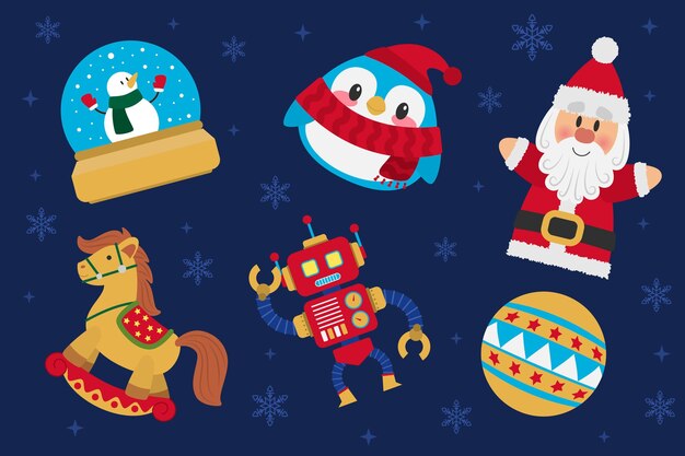 Colección de juguetes navideños planos dibujados a mano