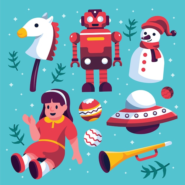 Colección de juguetes navideños planos dibujados a mano