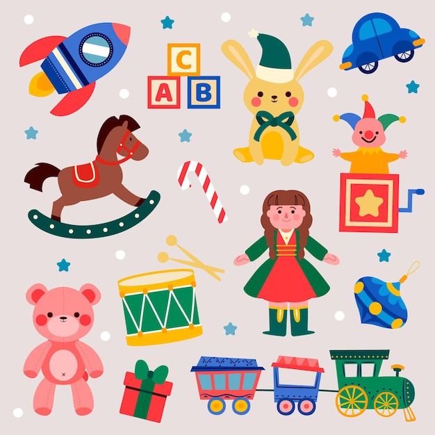Colección de juguetes navideños planos dibujados a mano