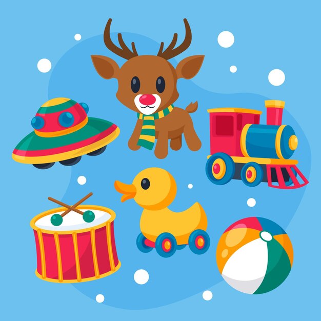 Colección de juguetes navideños planos dibujados a mano