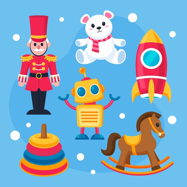 Colección de juguetes navideños planos dibujados a mano
