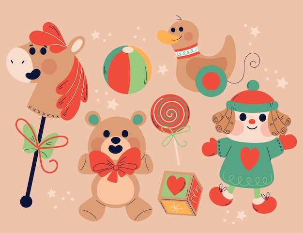 Colección de juguetes navideños planos dibujados a mano