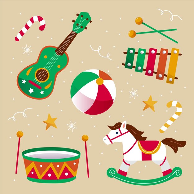 Colección de juguetes navideños planos dibujados a mano