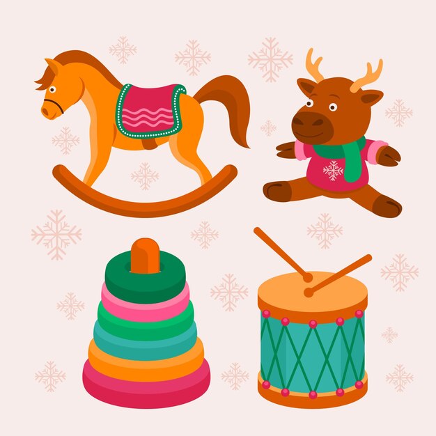 Colección de juguetes navideños planos dibujados a mano
