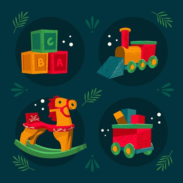 Colección de juguetes navideños planos dibujados a mano
