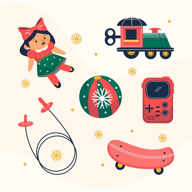 Colección de juguetes navideños planos dibujados a mano