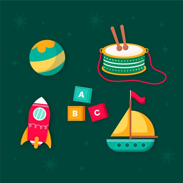Colección de juguetes navideños planos dibujados a mano