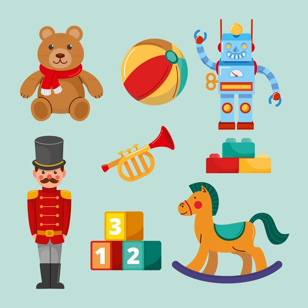 Colección de juguetes navideños planos dibujados a mano