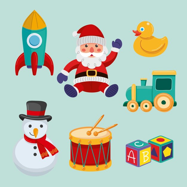 Colección de juguetes navideños planos dibujados a mano