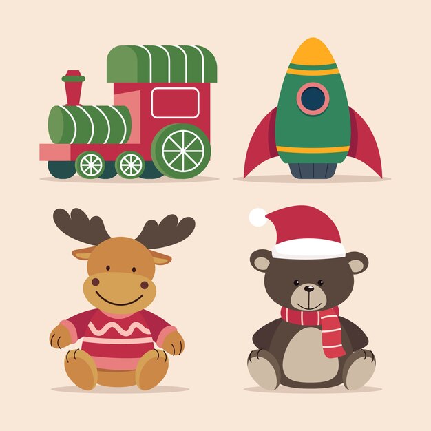 Colección de juguetes navideños planos dibujados a mano
