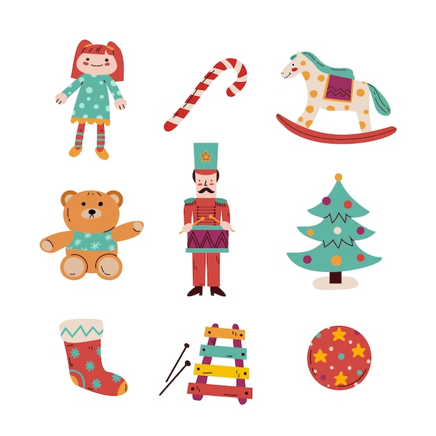 Colección de juguetes navideños planos dibujados a mano