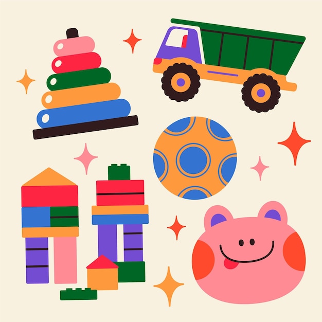 Colección de juguetes navideños planos dibujados a mano