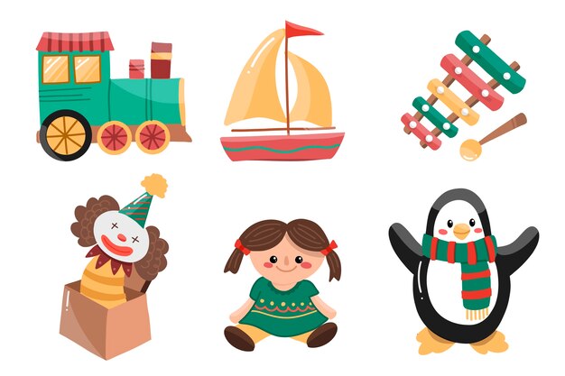 Colección de juguetes navideños planos dibujados a mano