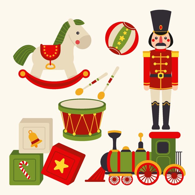 Colección de juguetes navideños planos dibujados a mano
