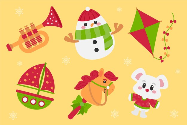 Colección de juguetes navideños planos dibujados a mano