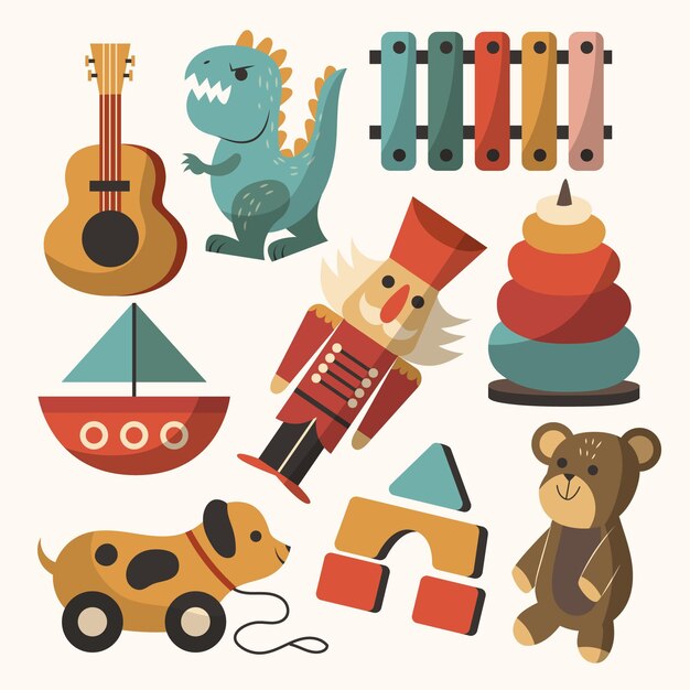 Colección de juguetes navideños planos dibujados a mano