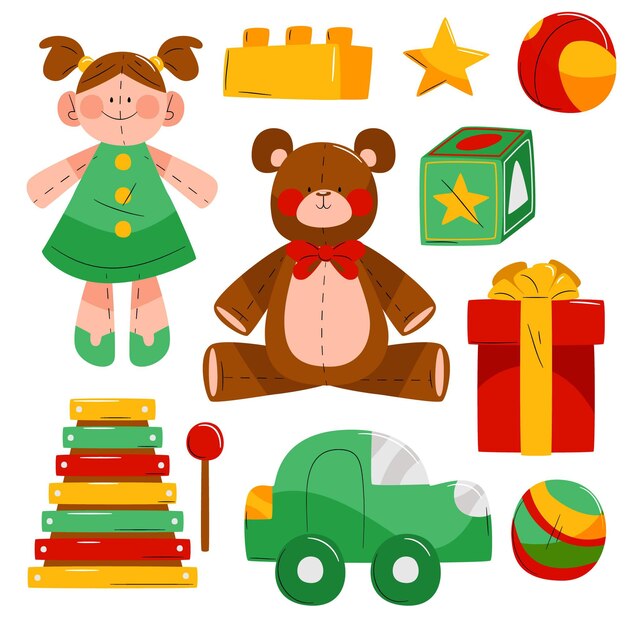Colección de juguetes navideños planos dibujados a mano
