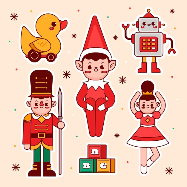 Colección de juguetes navideños planos dibujados a mano
