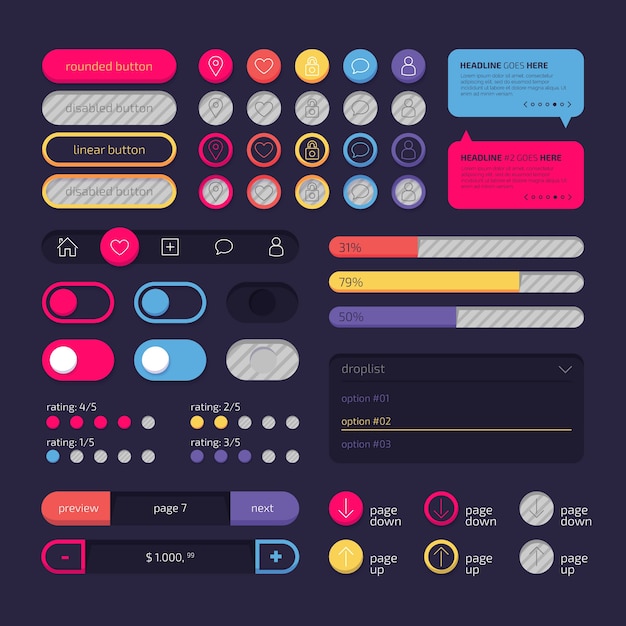 Vector gratuito colección de kit de interfaz de usuario de diseño plano