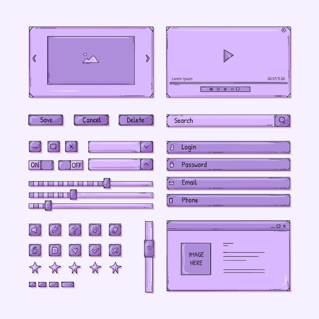 Colección de kits de interfaz de usuario planos dibujados a mano