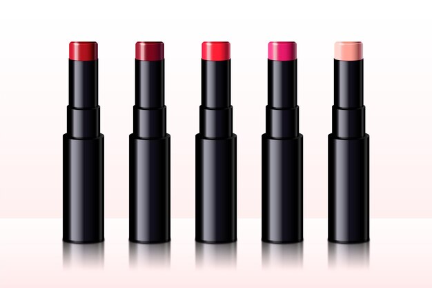 Colección de labiales realistas con diferentes colores.