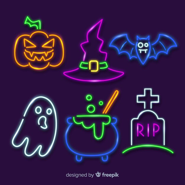 Colección de letreros de neón de elementos de Halloween