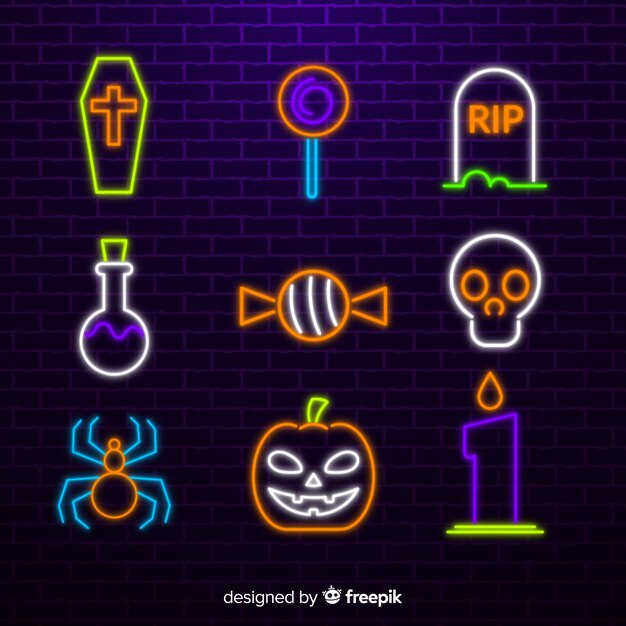 Colección de letreros de neón de elementos de Halloween