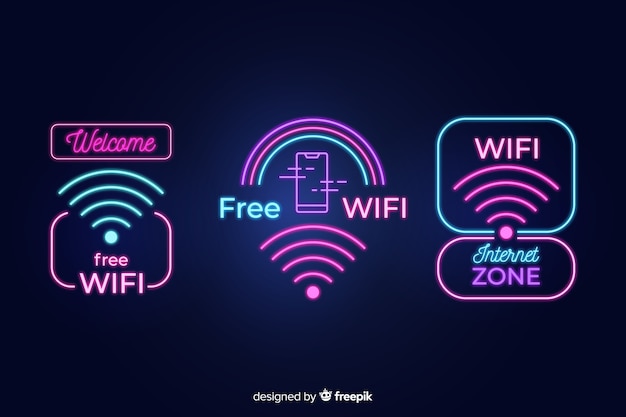 Colección de letreros de wifi gratis en luz neón