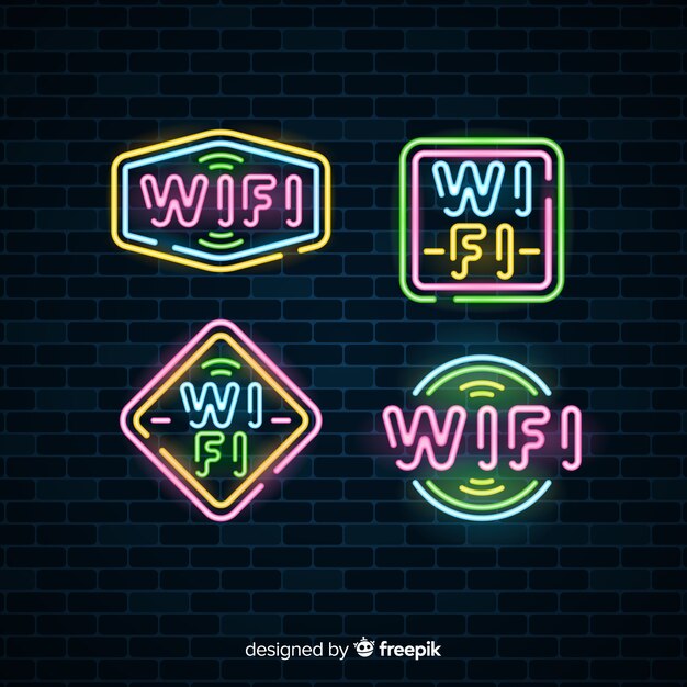 Colección de letreros de wifi gratis en luz neón