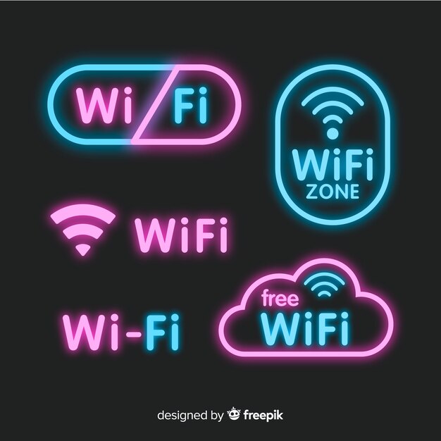 Colección de letreros de wifi gratis en luz neón