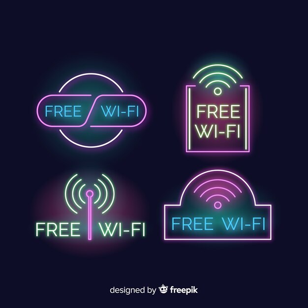 Colección de letreros de wifi gratis en luz neón
