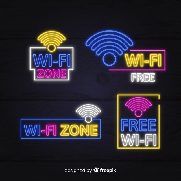 Colección de letreros de wifi gratis en luz neón