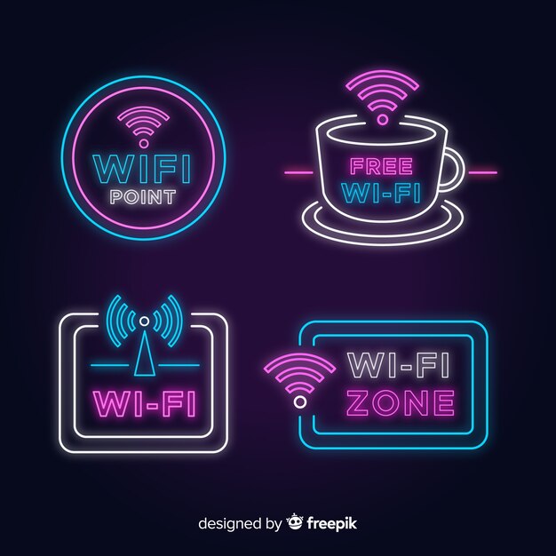 Colección de letreros de wifi gratis en luz neón