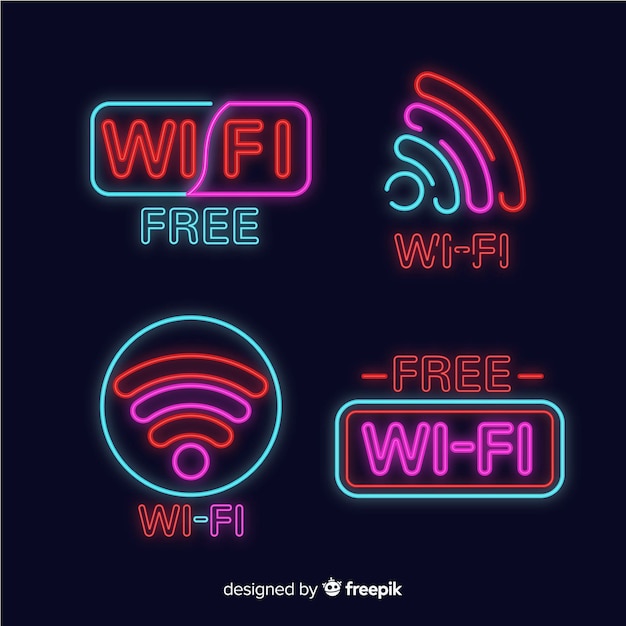 Vector gratuito colección de letreros de wifi gratis en luz neón