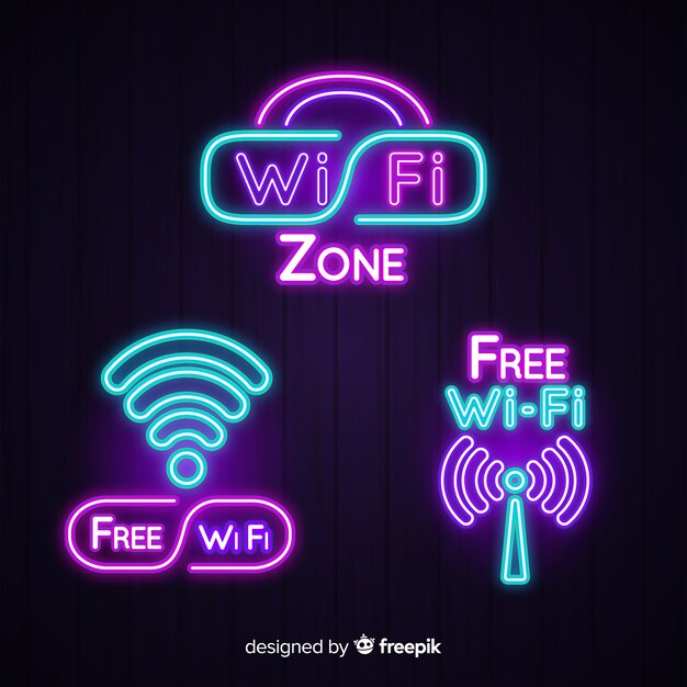Colección de letreros de wifi gratis en luz neón