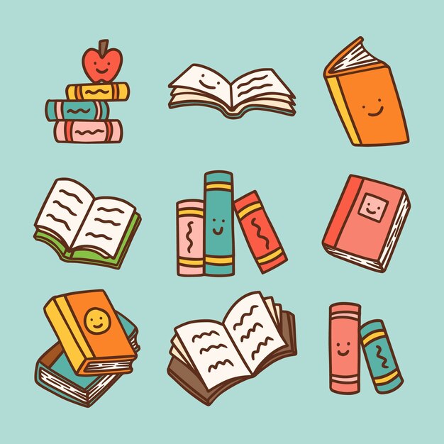 Colección de libros coloridos dibujados a mano
