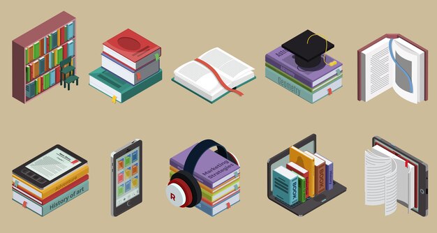Colección de libros coloridos isométricos con literatura educativa de estantería y libros electrónicos en diferentes dispositivos aislados