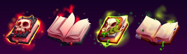 Colección de libros de hechizos mágicos abiertos y cerrados.