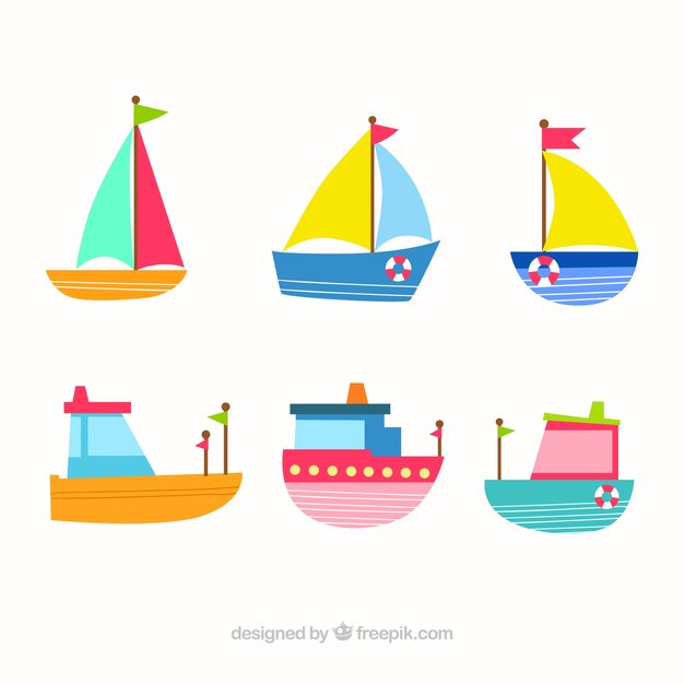 Colección linda de barcos planos con diferentes colores