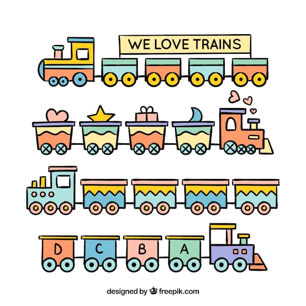 Vector gratuito colección linda de trenes de juguete en diseño plano