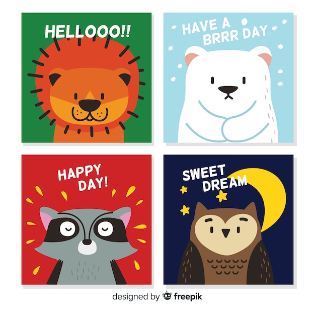 Vector gratuito colección de lindas tarjetas de animales salvajes.