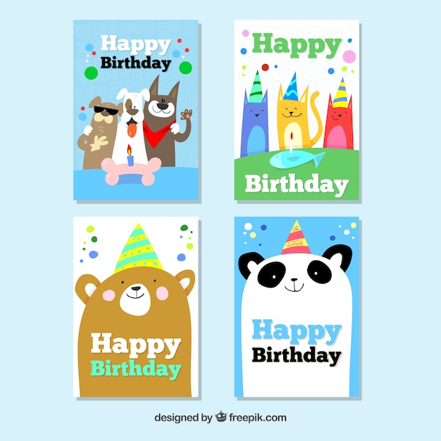 Colección de lindas tarjetas de cumpleaños dibujadas a mano con animales