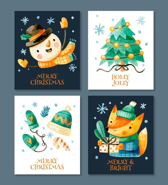 Colección de lindas tarjetas navideñas en acuarela