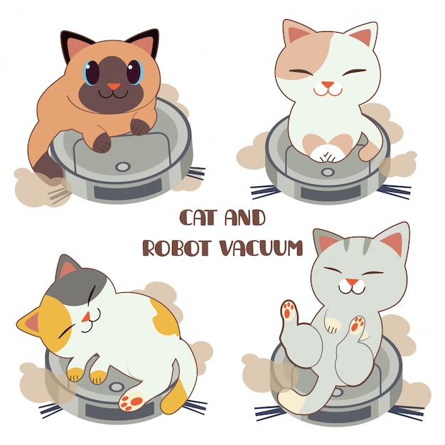 La colección de lindo gato con robot aspirador. | Vector Premium La colección de lindo gato con robot aspirador. | Vector Premium