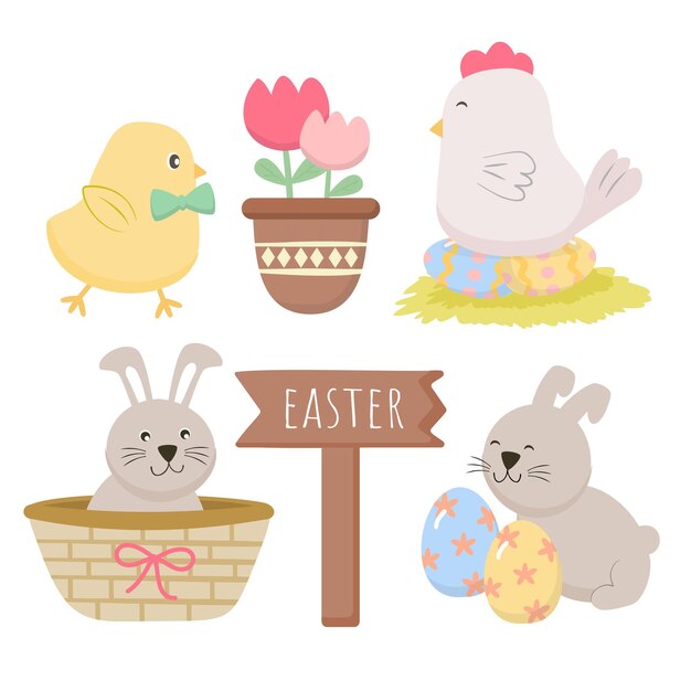 Colección de lindo pollito de conejo y huevos animal encantador en personaje de dibujos animados varios estilos para diseñador gráfico Tarjeta de felicitación de Pascua feliz Ilustración vectorial