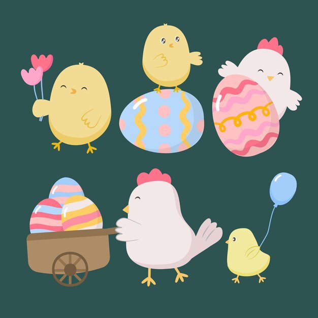 Colección de lindo pollito de conejo y huevos animal encantador en personaje de dibujos animados varios estilos para diseñador gráfico Tarjeta de felicitación de Pascua feliz Ilustración vectorial