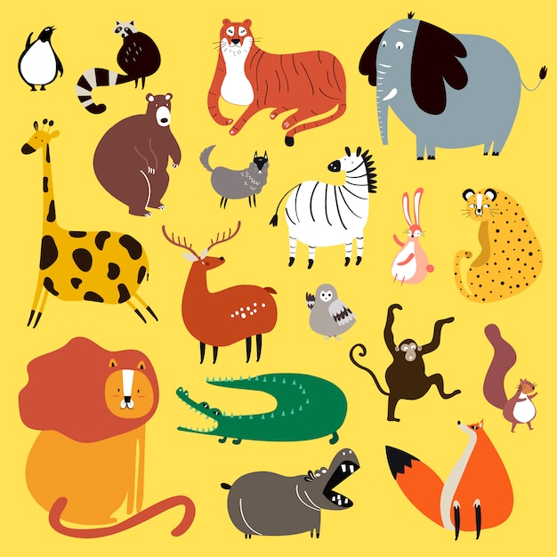 Colección de lindos animales salvajes en vector de estilo de dibujos animados