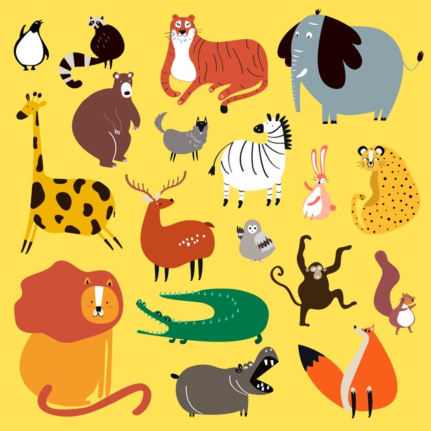 Colección de lindos animales salvajes en vector de estilo de dibujos animados